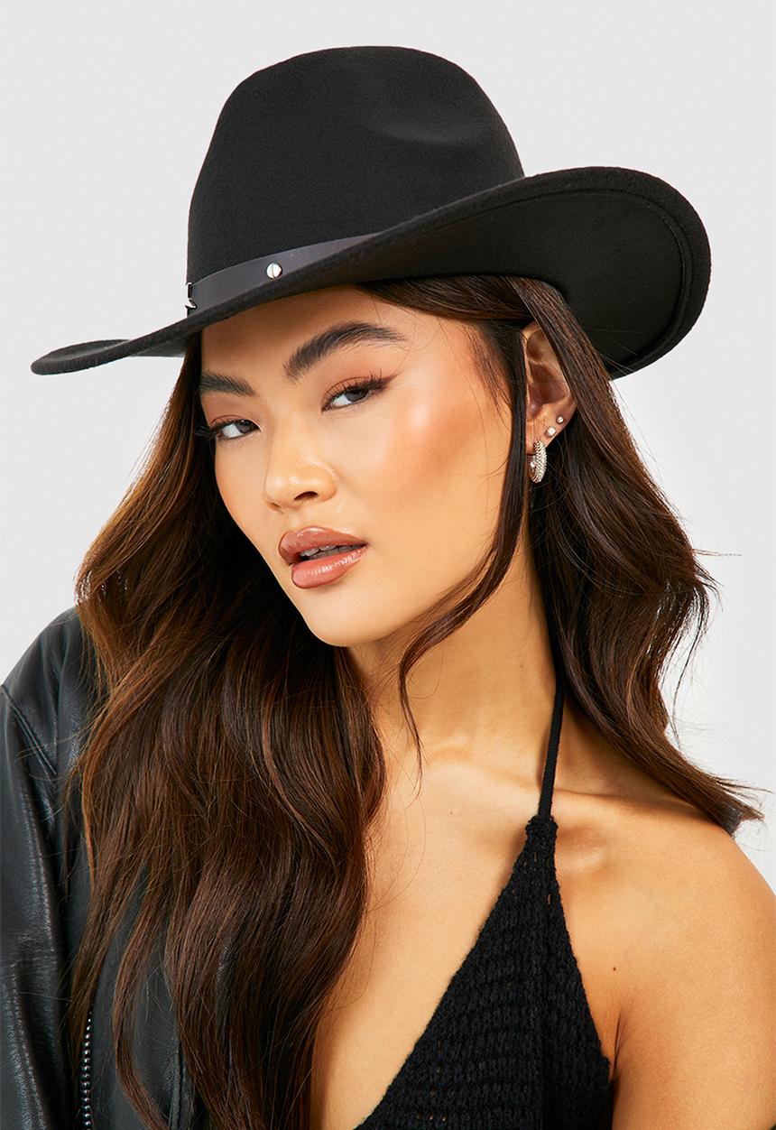 boohoo - Black Star Studded Trim Western Cowboy Hat- Black