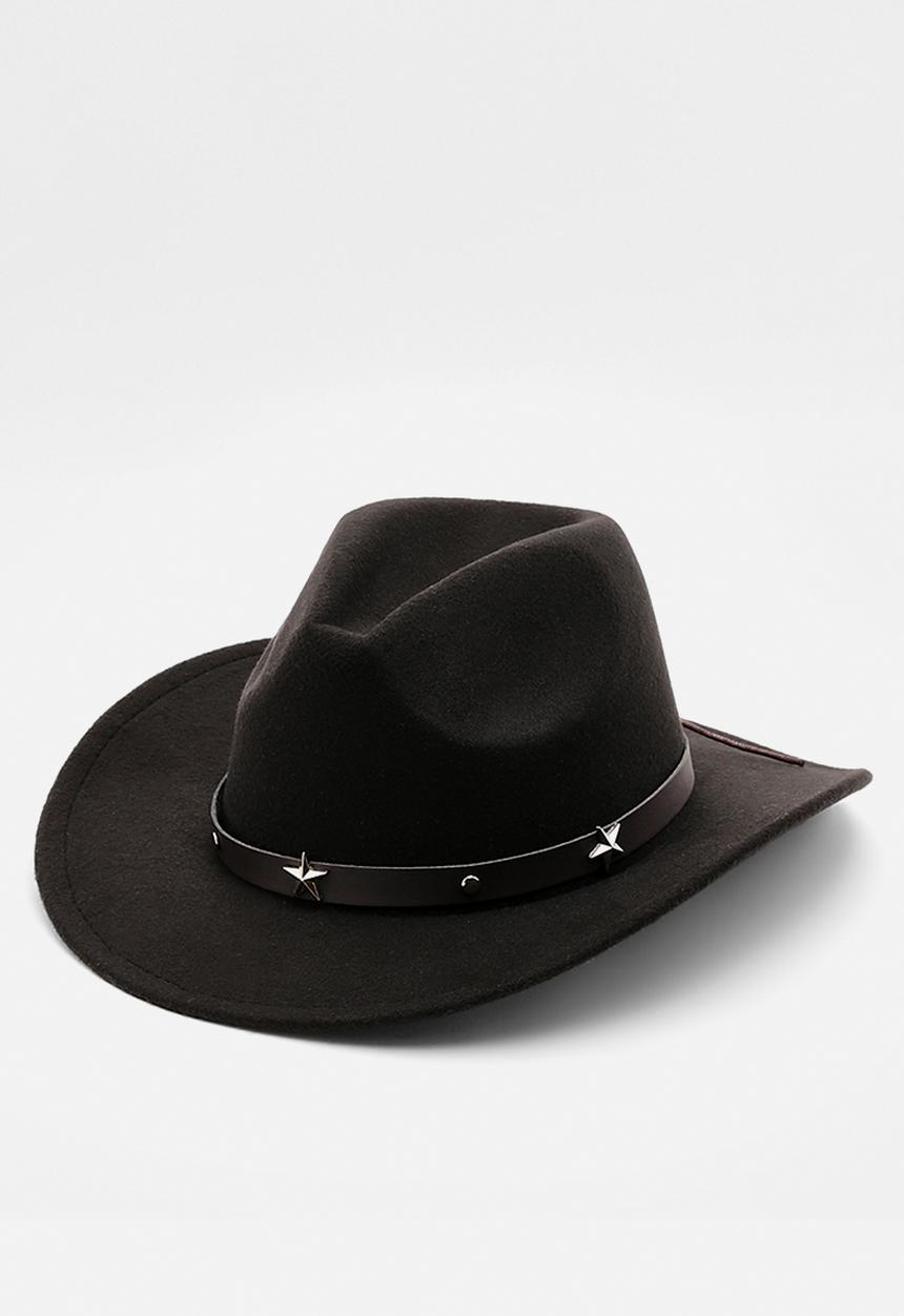 boohoo - Black Star Studded Trim Western Cowboy Hat- Black