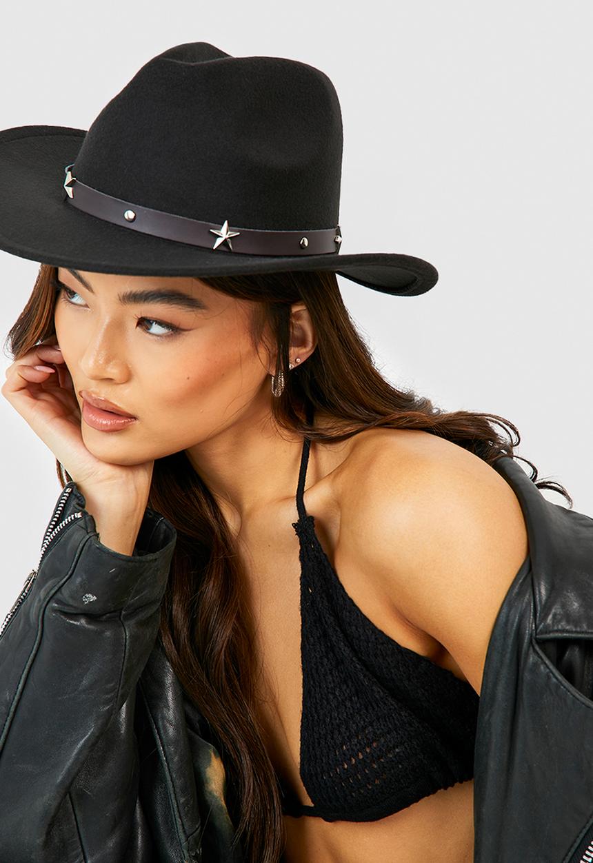 boohoo - Black Star Studded Trim Western Cowboy Hat- Black