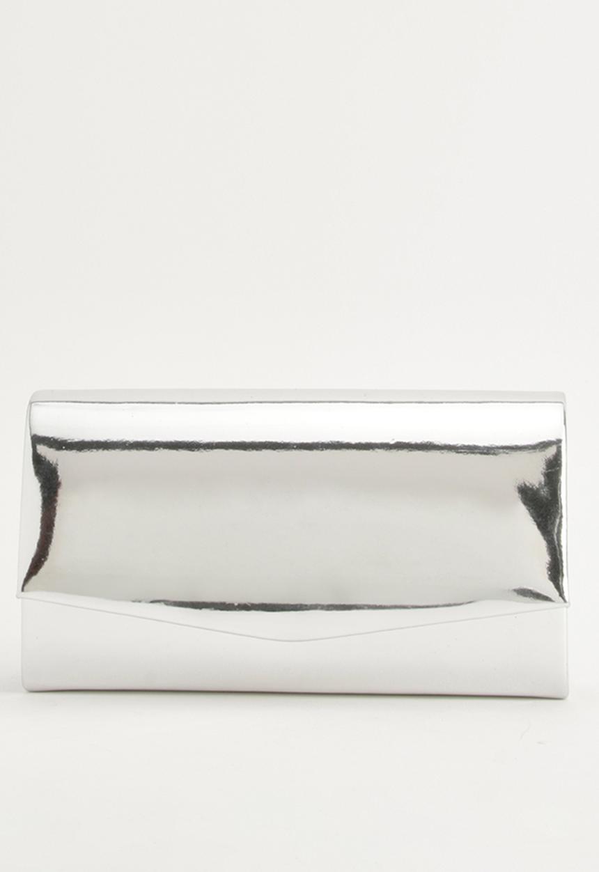 boohoo - Structured Mirrored Clutch Bag & Chain- Silver