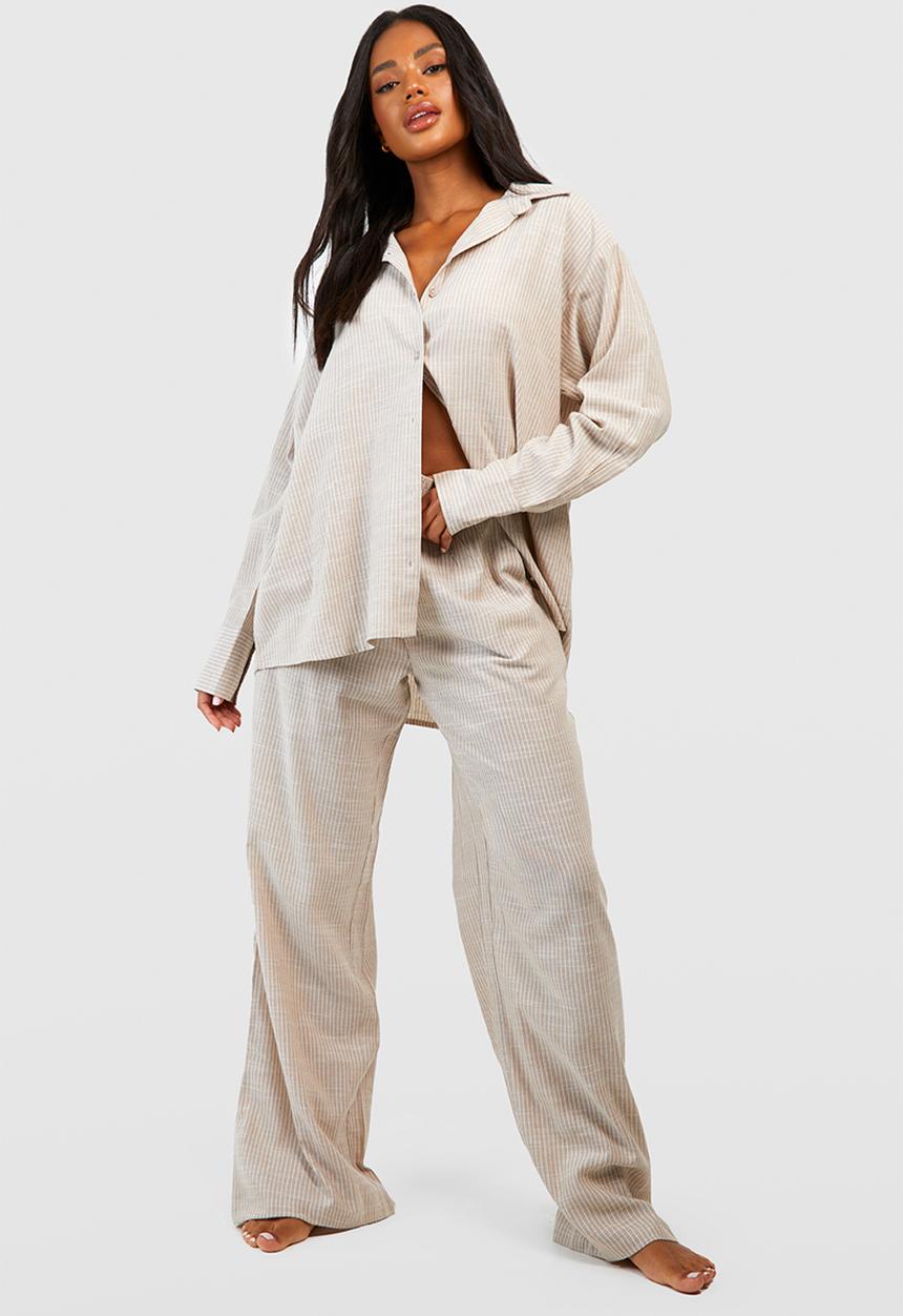 boohoo - Cotton tonal pinstripe pyjama trouser - stone