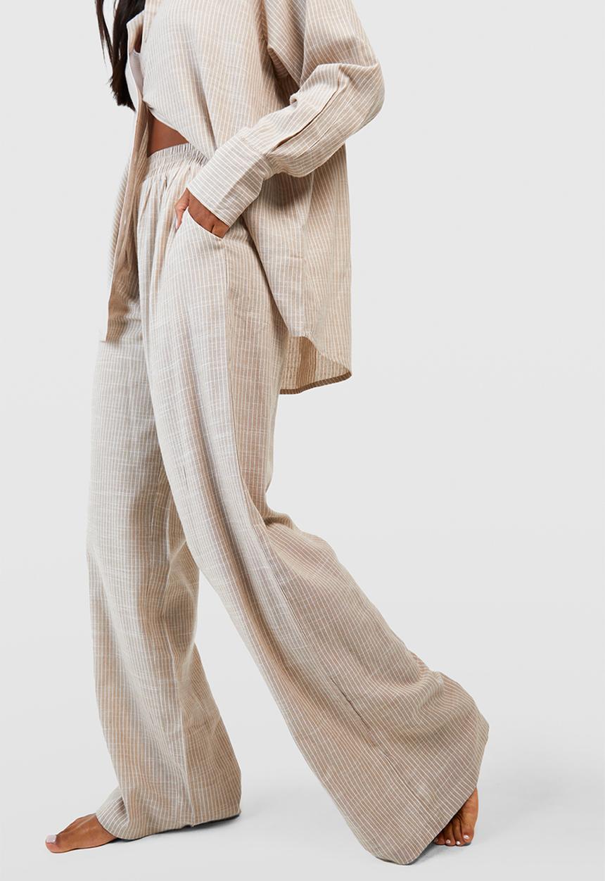 boohoo - Cotton tonal pinstripe pyjama trouser - stone