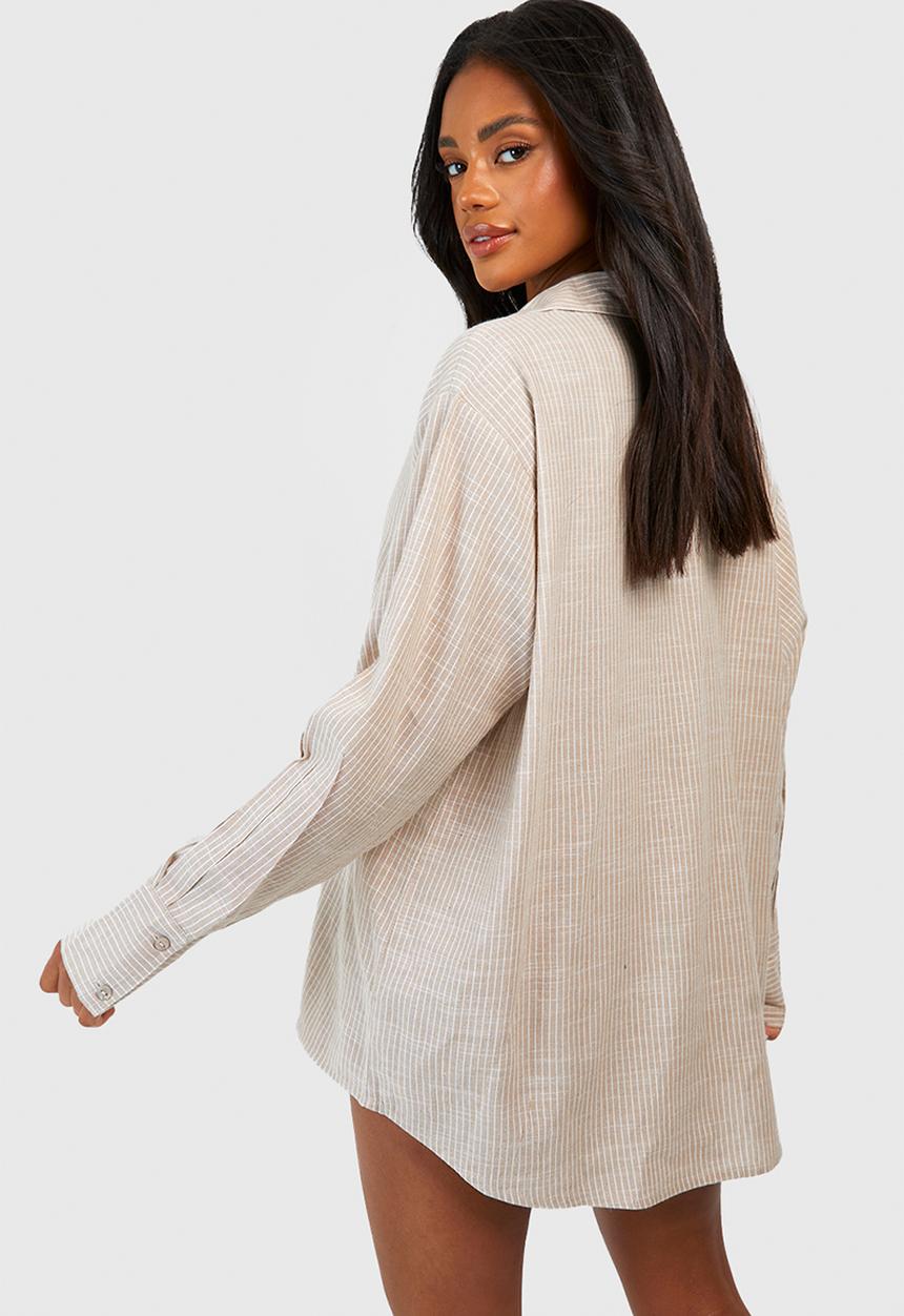 boohoo - Cotton tonal pinstripe oversized pyjama shirt - stone
