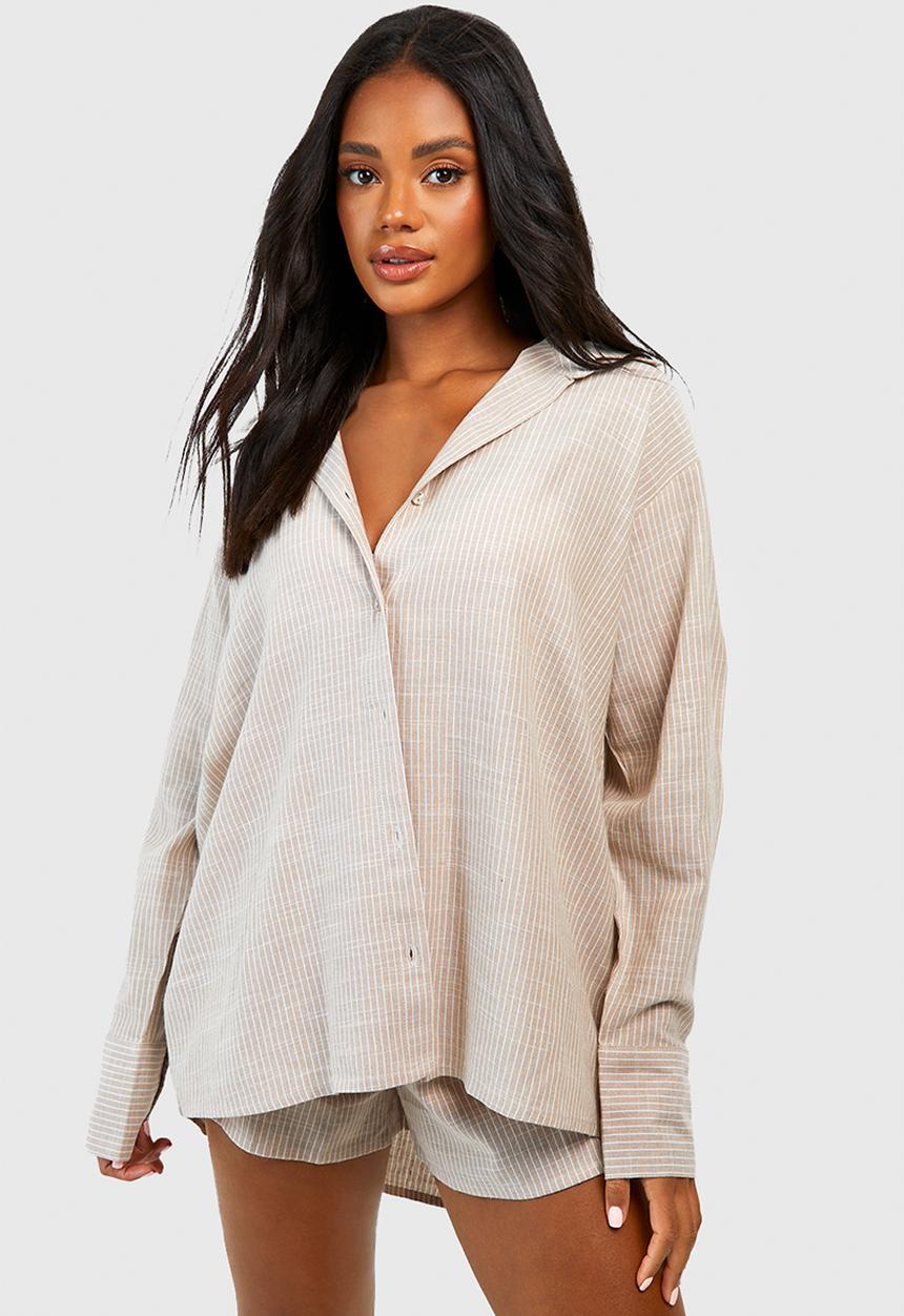 boohoo - Cotton tonal pinstripe oversized pyjama shirt - stone