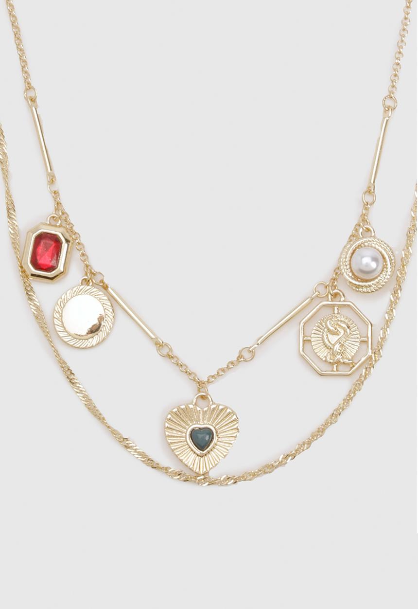 boohoo - Statement Layered Charm Necklace- Gold