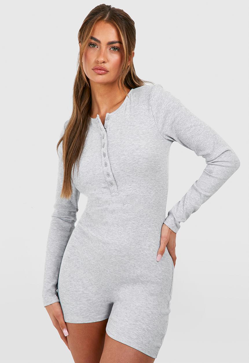 boohoo - Rib button front romper - grey marl