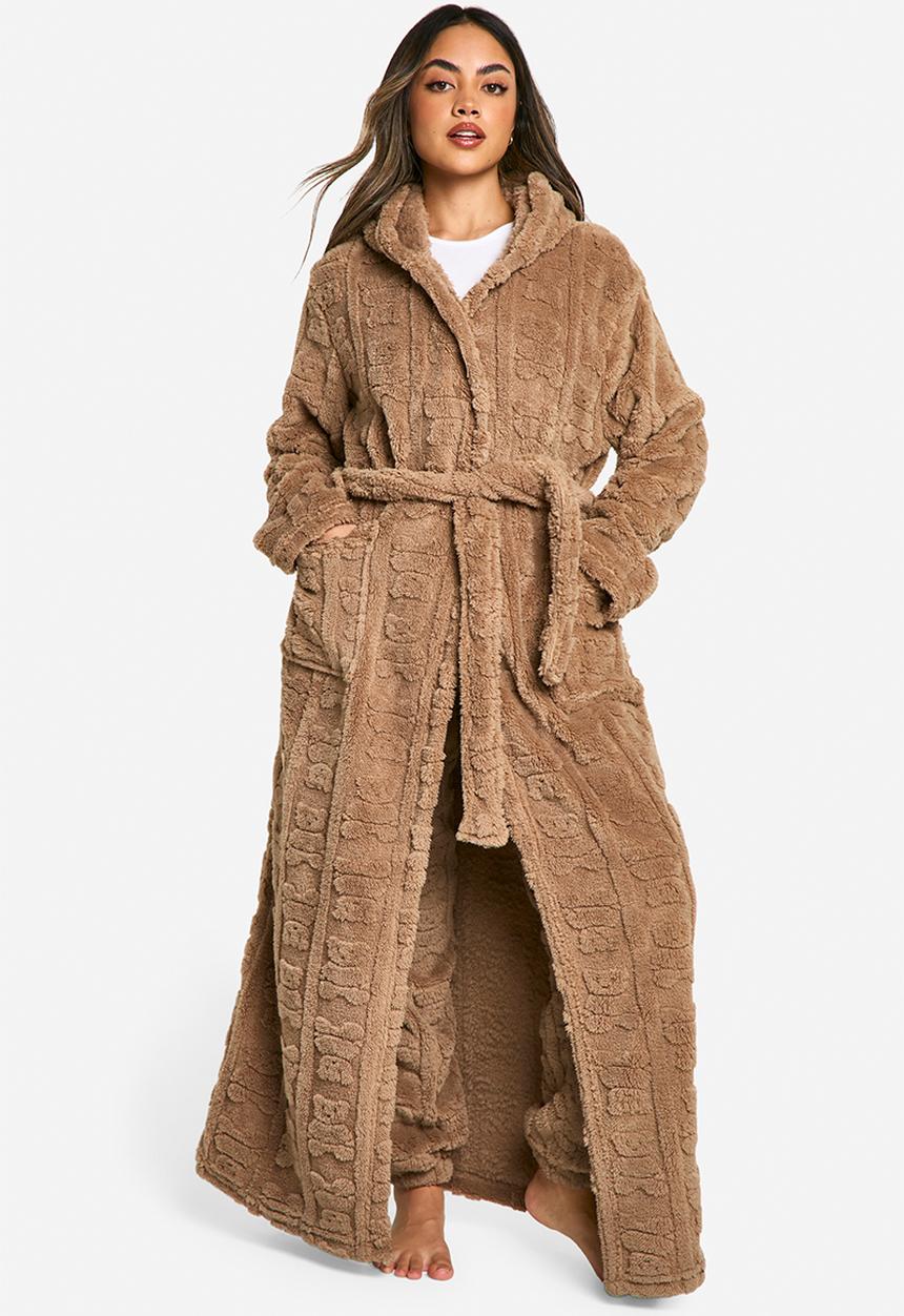 boohoo - Embossed bear print fleece hooded long dressing gown - brown
