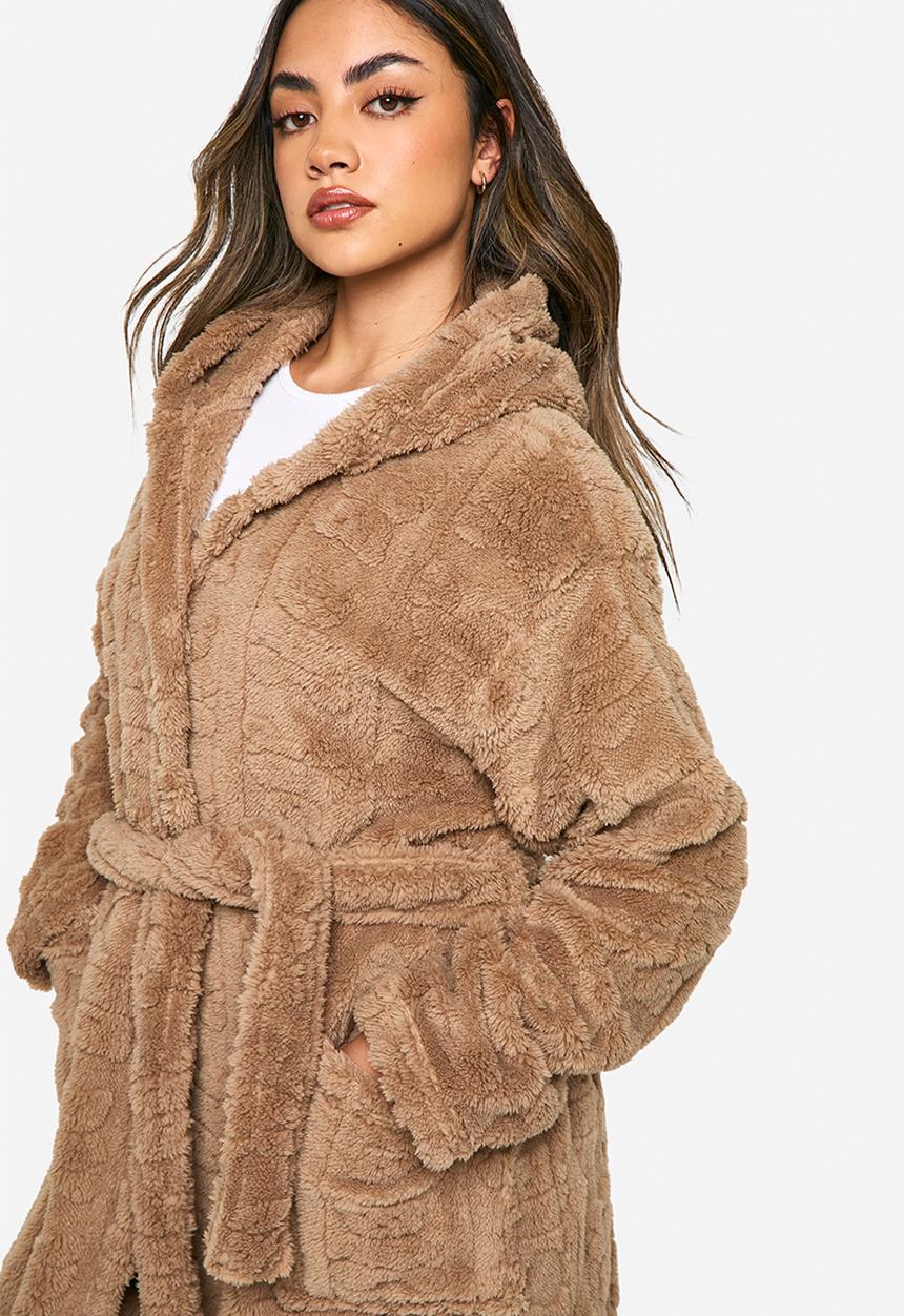 boohoo - Embossed bear print fleece hooded long dressing gown - brown