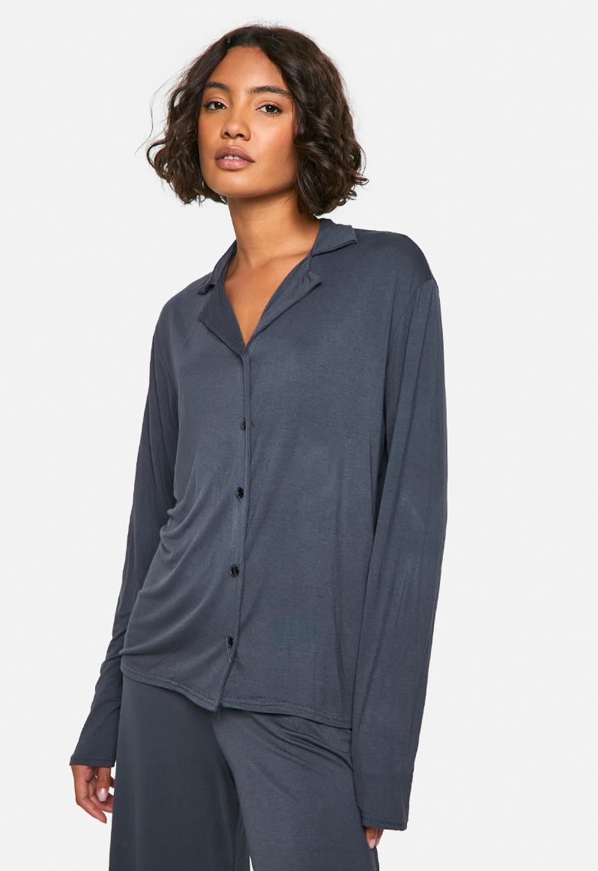 boohoo - Tall long sleeve shirt & trousers pyjama set - navy