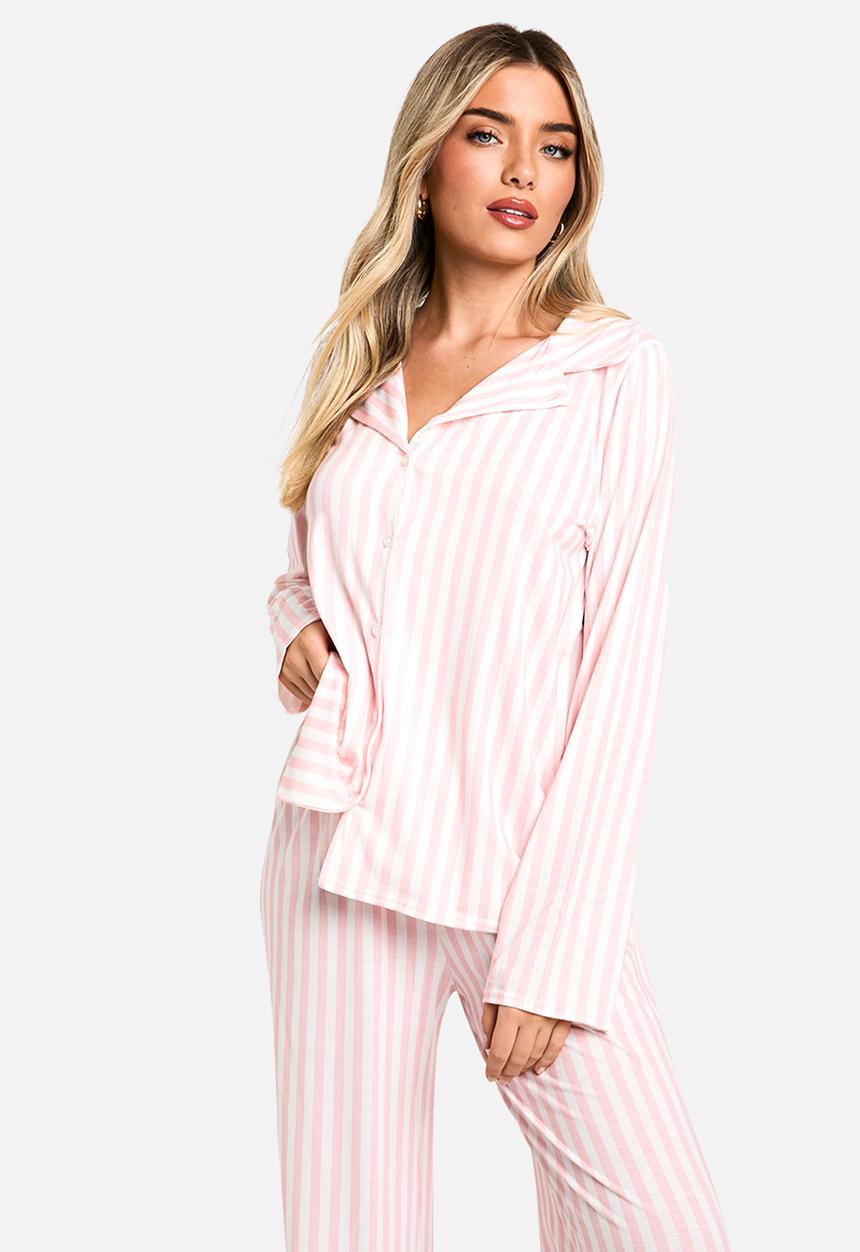 boohoo - Candy stripe long sleeve shirt & trousers pyjama set - pink