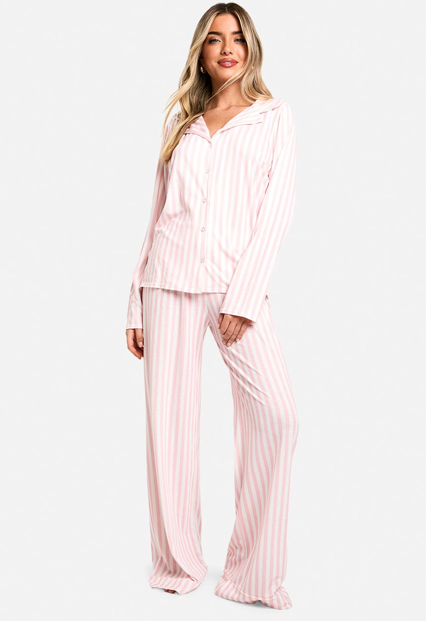 boohoo - Candy stripe long sleeve shirt & trousers pyjama set - pink