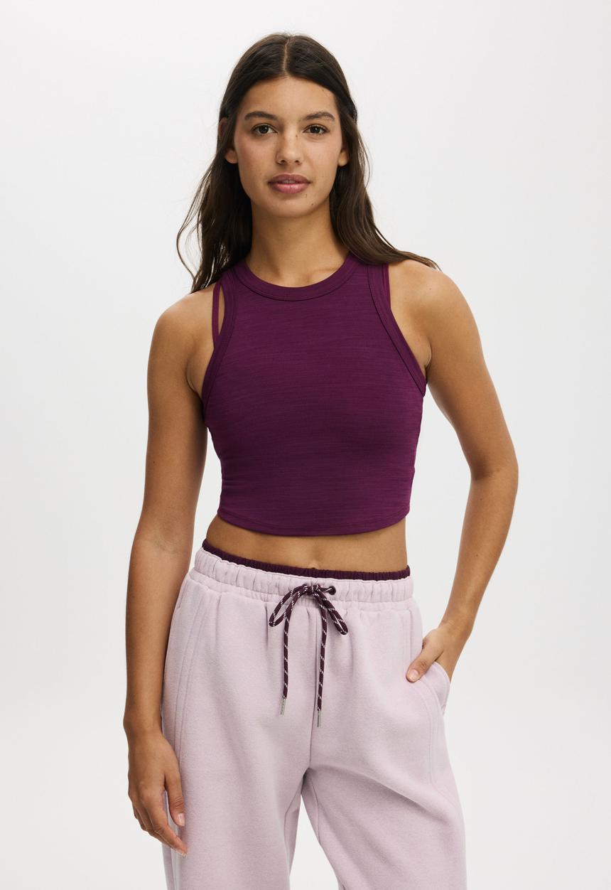 Cotton On - Active Rib Curved Hem Tank - Pickled Beet Marle