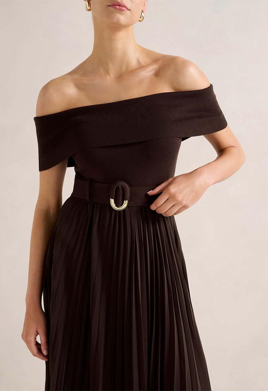 Forever New - Capri bardot pleat hem midi dress in chocolate 