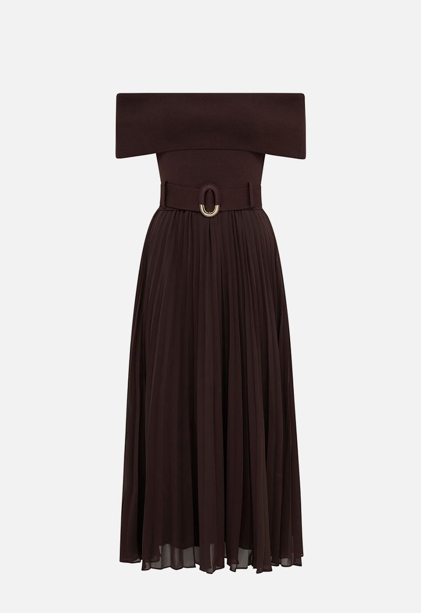 Forever New - Capri bardot pleat hem midi dress in chocolate 