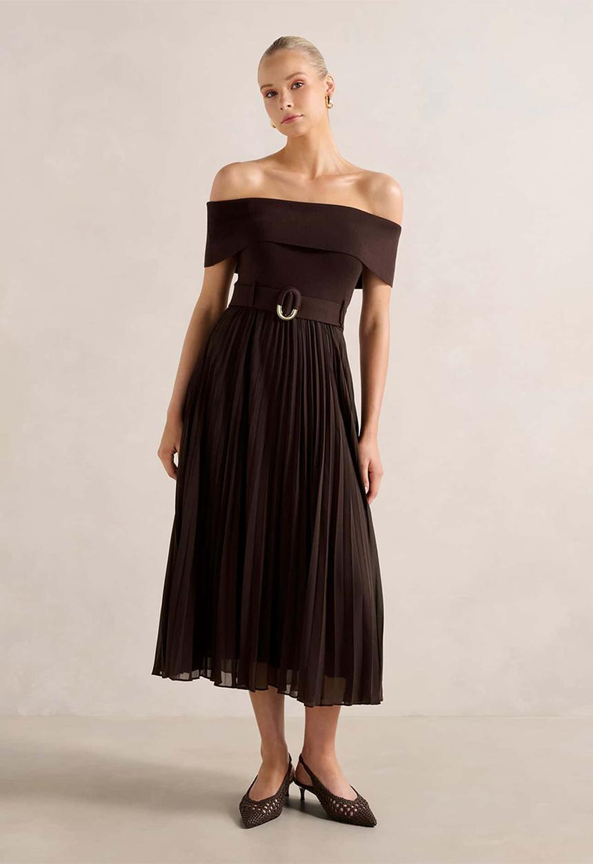 Forever New - Capri bardot pleat hem midi dress in chocolate 