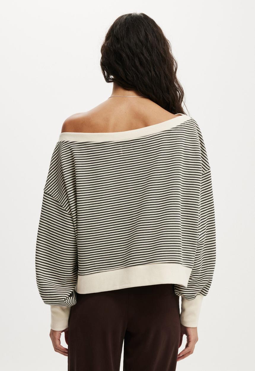 Cotton On - Off Shoulder Sweatshirt - Cream/Slate Stripe