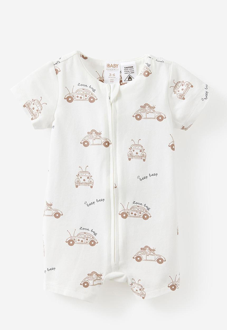 Cotton On - The Short Sleeve Zip Romper -  Vanilla/Beep Beep Love Bug