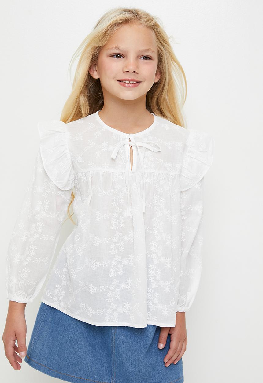 Pop Candy - Broderie ruffle sleeve top - white
