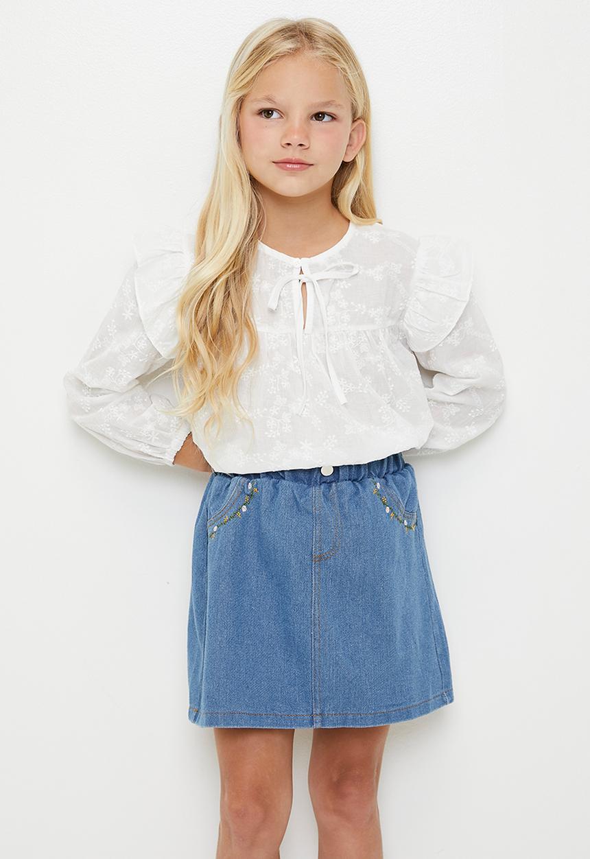 Pop Candy - Embroidered pocket a-line denim skirt - blue