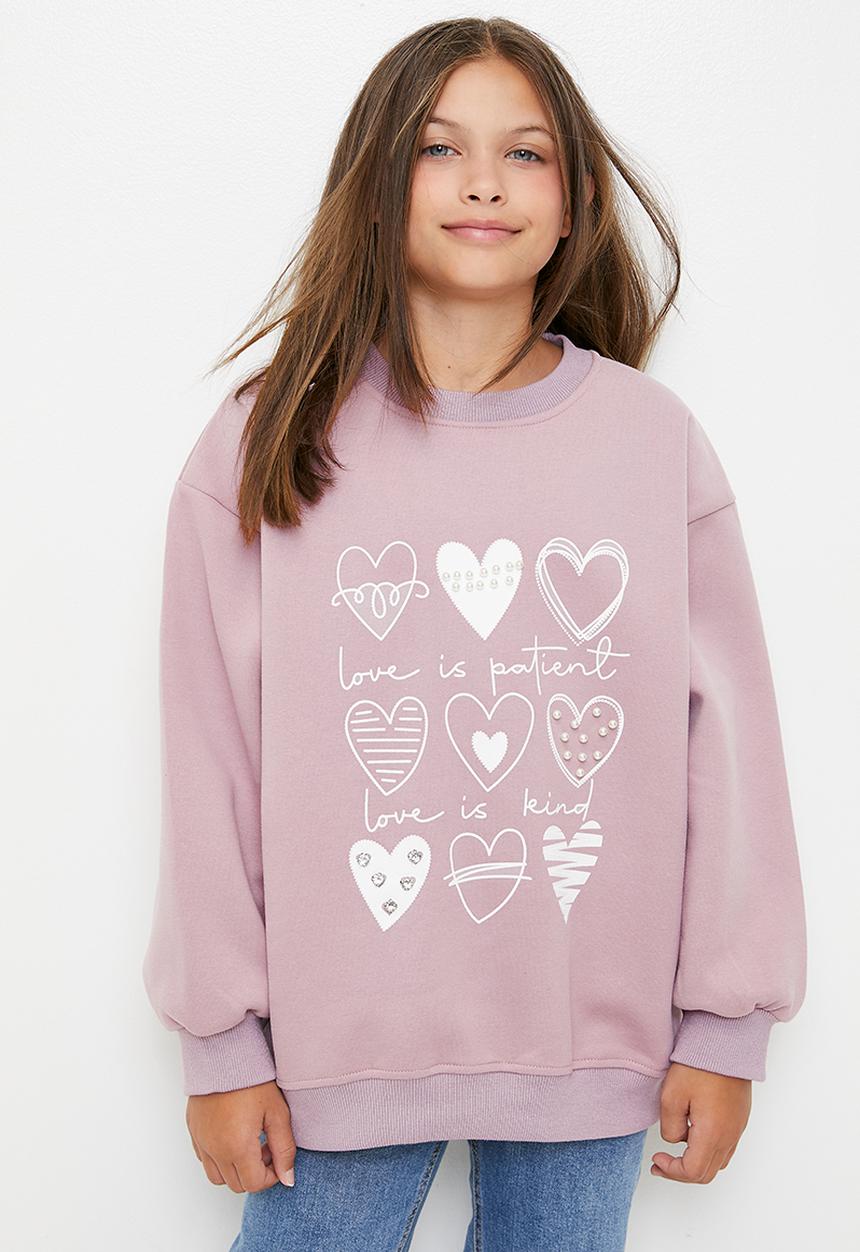 Pop Candy - Heart print & pearl detail sweatshirt - dusty mauve