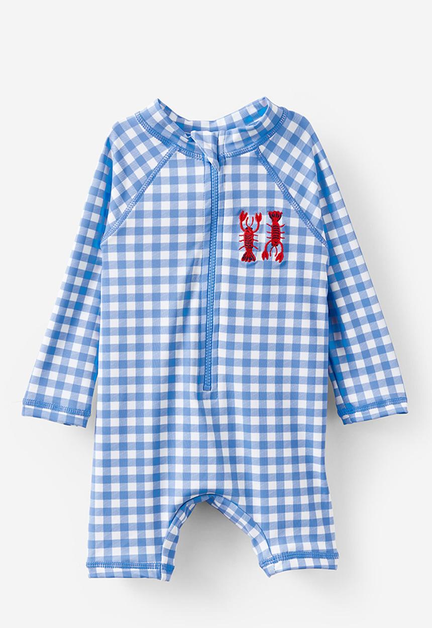 Cotton On - Cameron Long Sleeve Swimsuit - Deep Sea Blue/Gingham Lobster