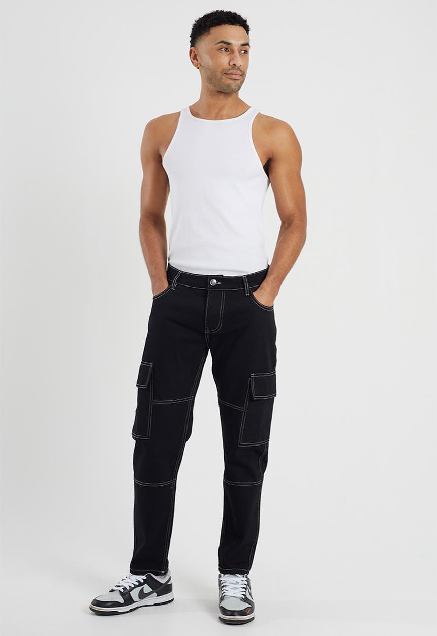 Brave Soul - Loose Fit Cargo Denim Jean - Black Regular Length