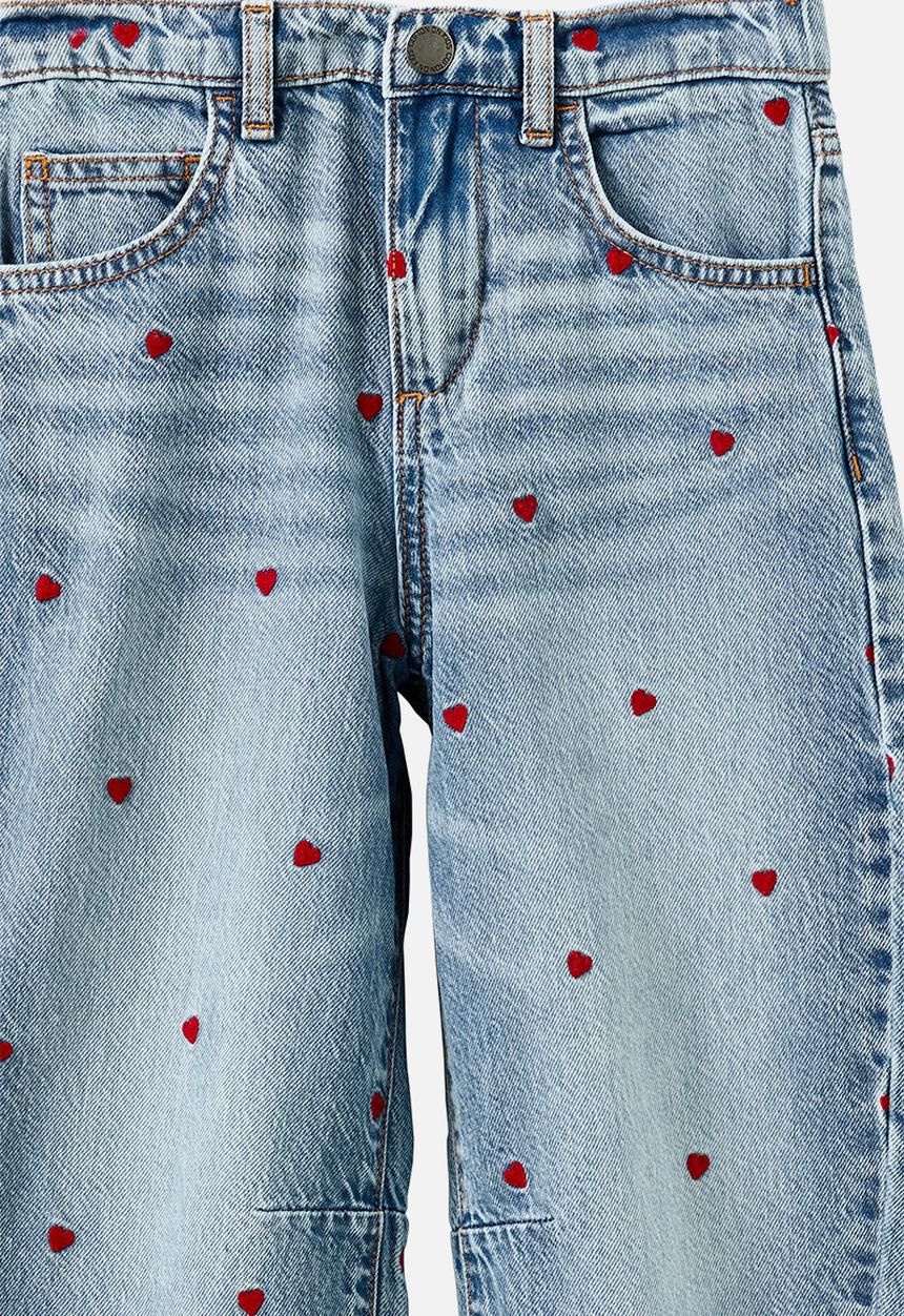 Cotton On - Unisex Barrel Leg Denim Jean - Airlie Light Blue/Embroidered Hearts