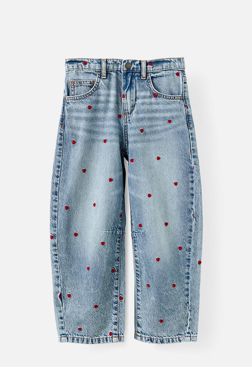 Cotton On - Unisex Barrel Leg Denim Jean - Airlie Light Blue/Embroidered Hearts