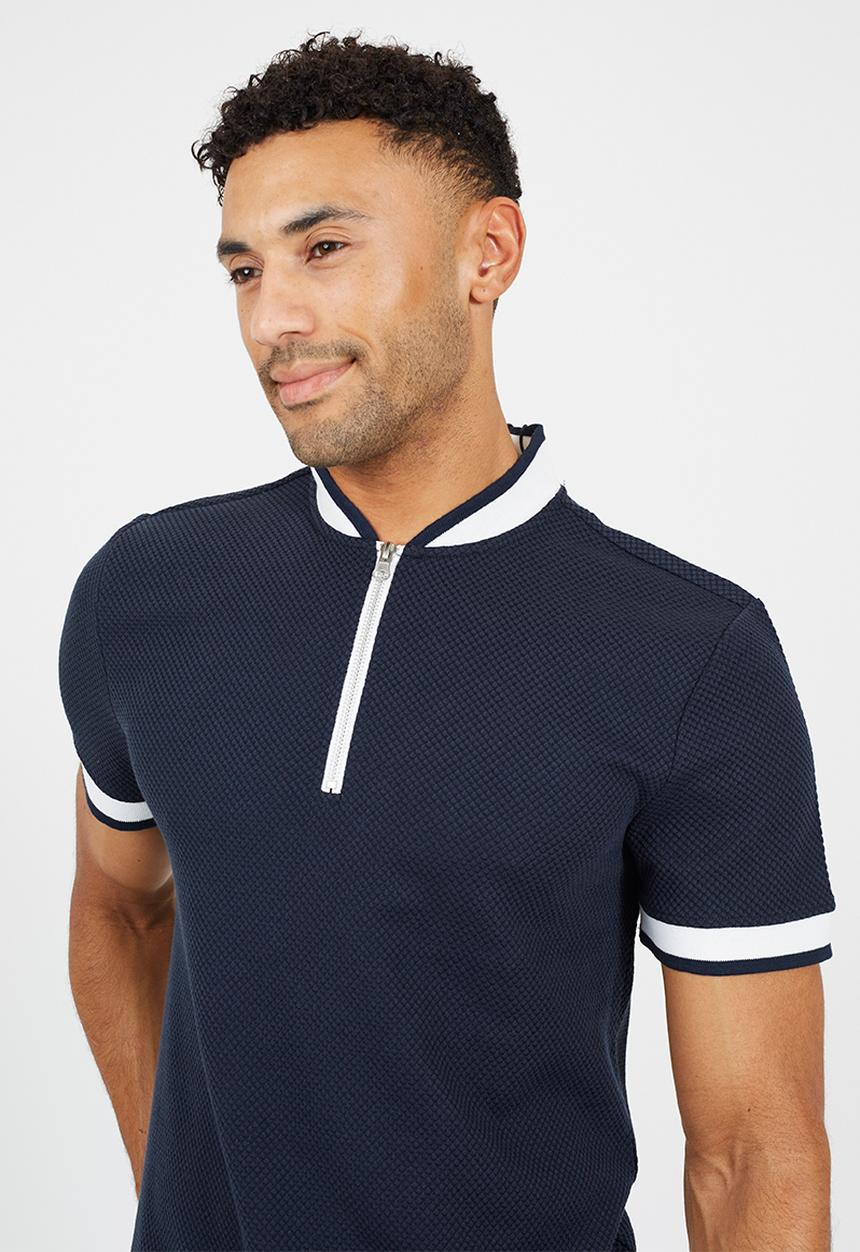 Brave Soul - Short Sleeve Metal 1/4 Zip Placket With Baseball Neck - Navy / Cream