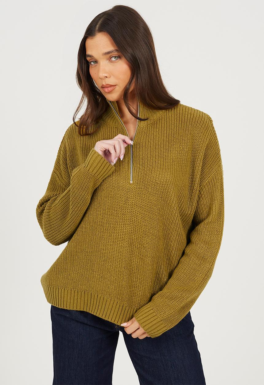 Ladies Half Zip Neck Jumper - Olive Green