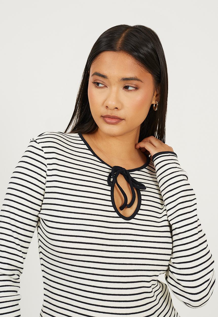 Brave Soul - Ladies Ribbed Long Sleeve Striped Tie Top - Cream/Black