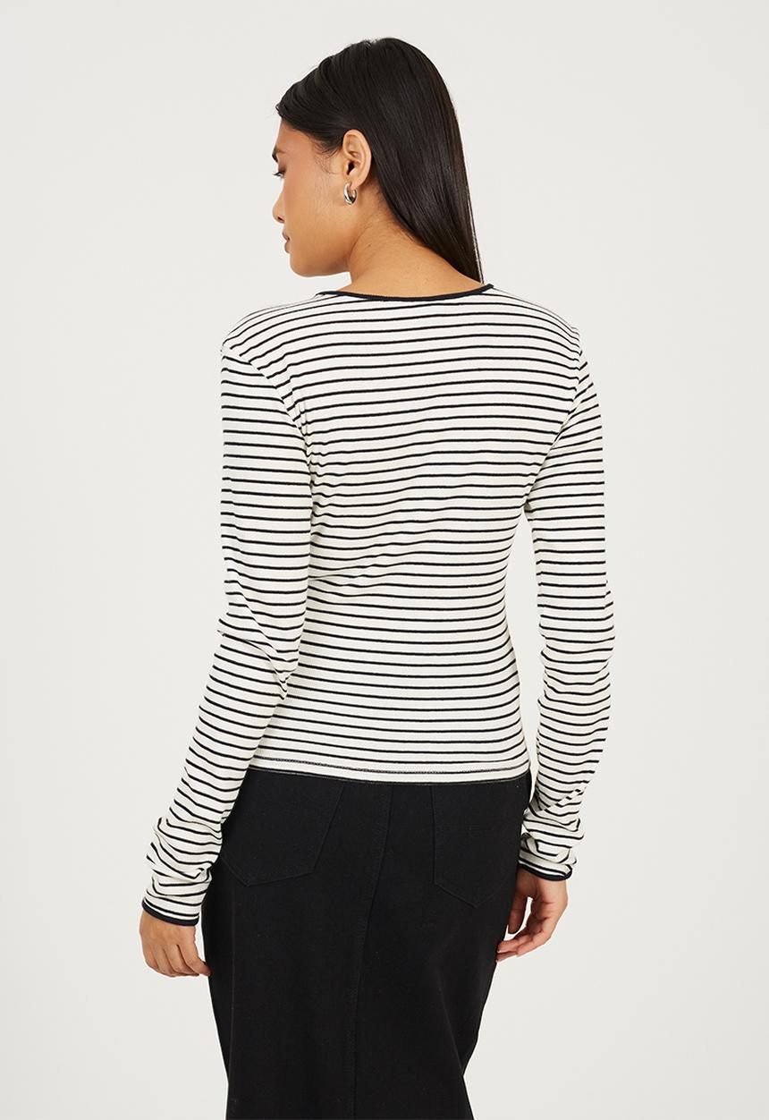 Brave Soul - Ladies Ribbed Long Sleeve Striped Tie Top - Cream/Black