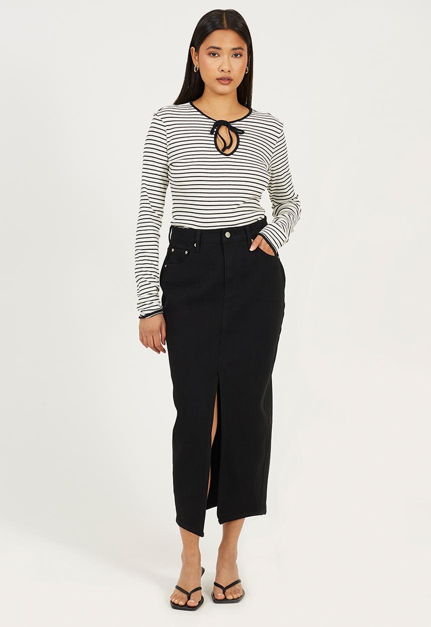 Brave Soul - Ladies Ribbed Long Sleeve Striped Tie Top - Cream/Black