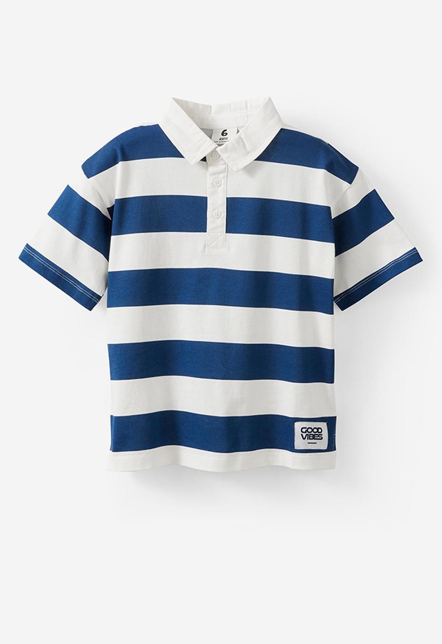 Cotton On - Jersey Rugby Ss Polo W/ Nylon Collar - Squid Ink/Vanilla Stripe/Central Athletic