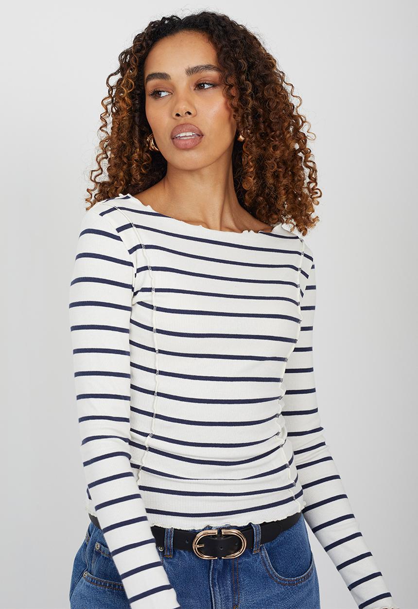 Brave Soul - Ladies Long Sleeve Stripe T-Shirt - Black/White