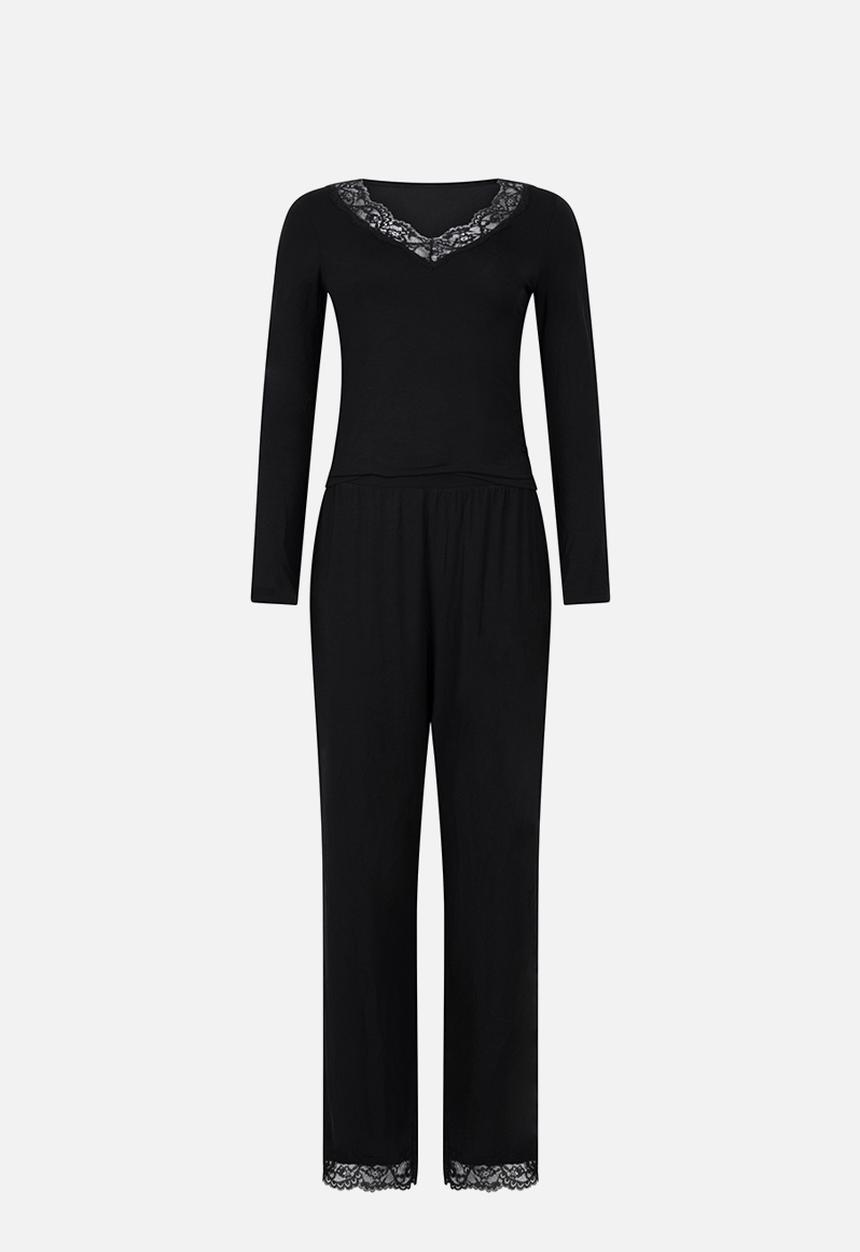 Hunkemoller - Pj ls jersey lace nana - black