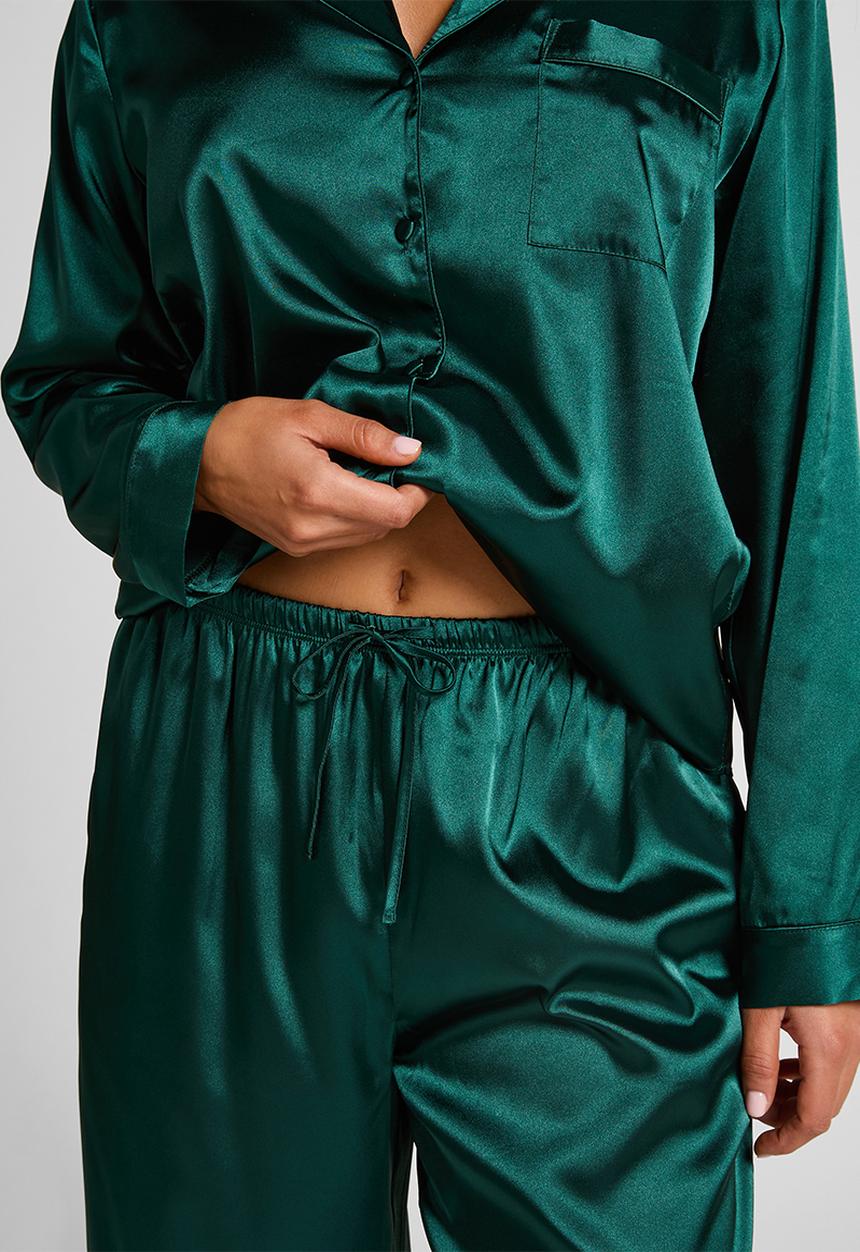 Hunkemoller - Pj ls satin minimal - green