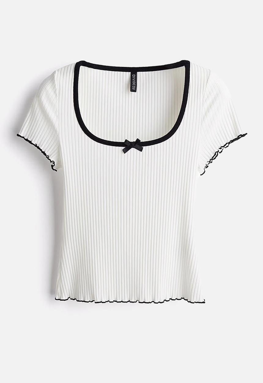 H&M - Overlock-detail ribbed top - white & black