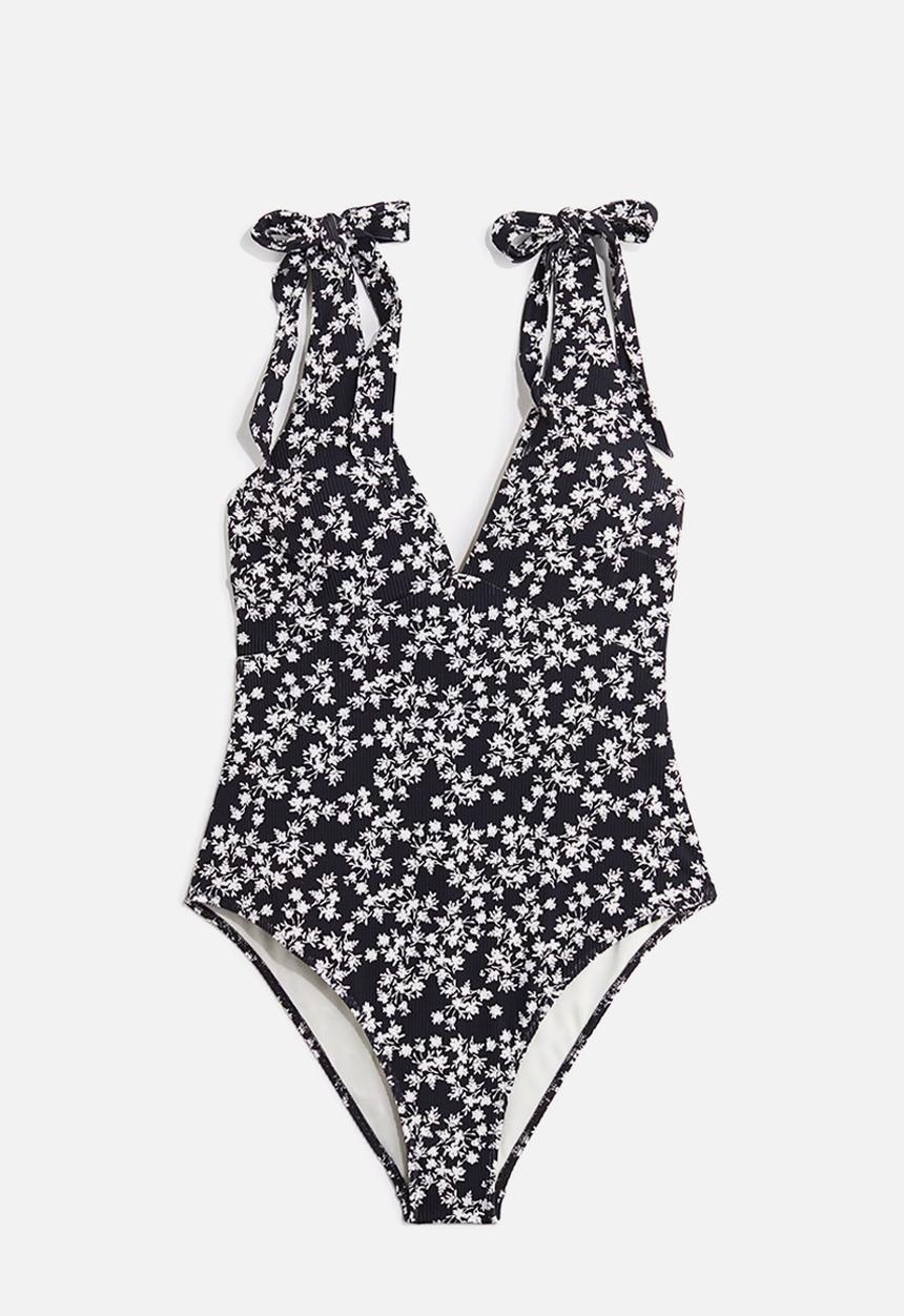 H&M - Padded-cup high leg swimsuit - black floral 