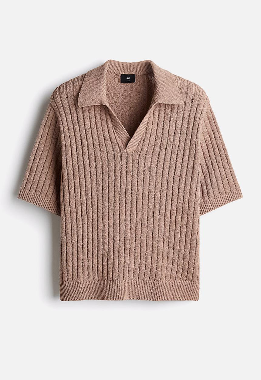 H&M - Loose fit rib-knit polo shirt - dark beige