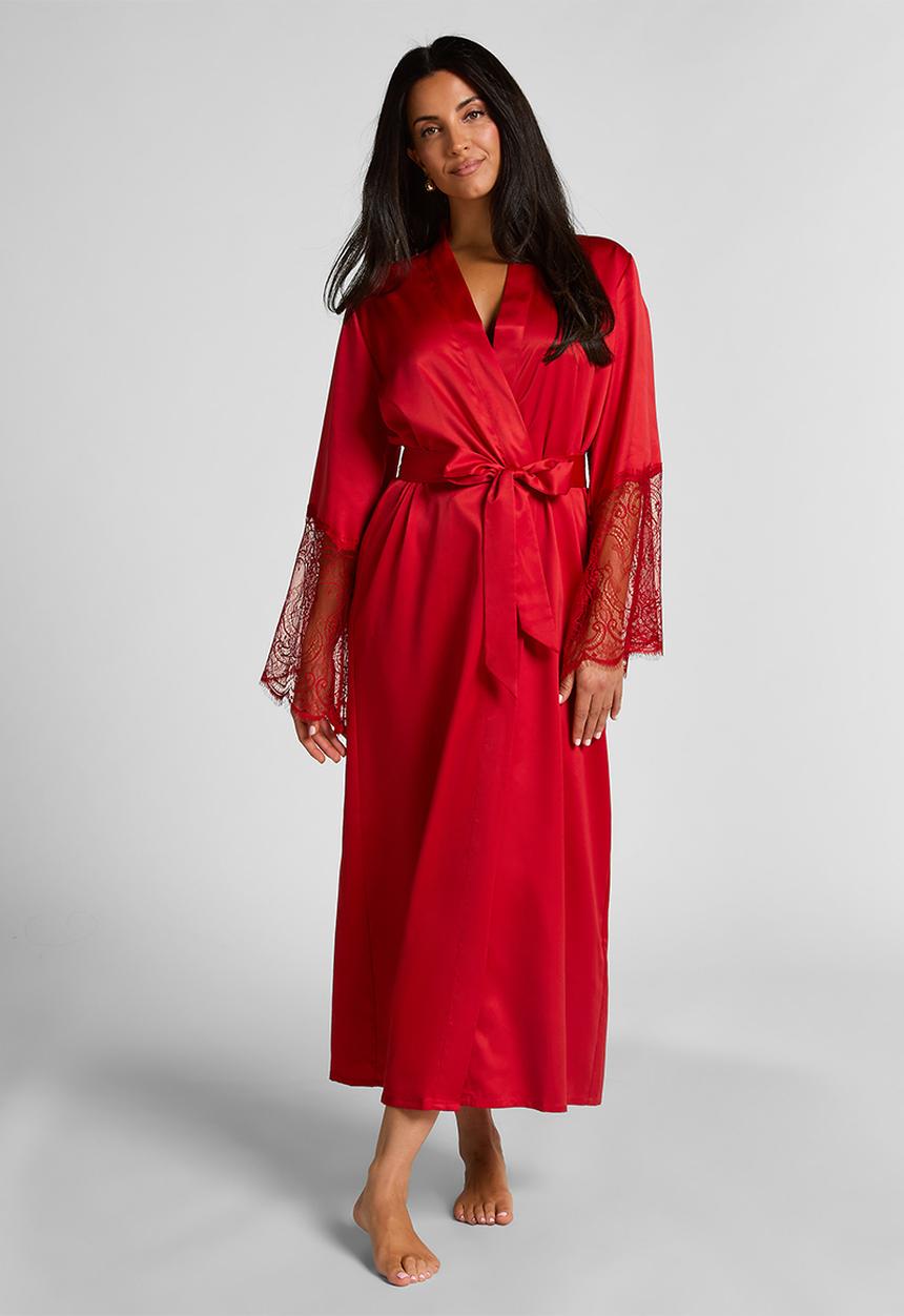 Hunkemoller - Kimono long satin lace - chilli pepper