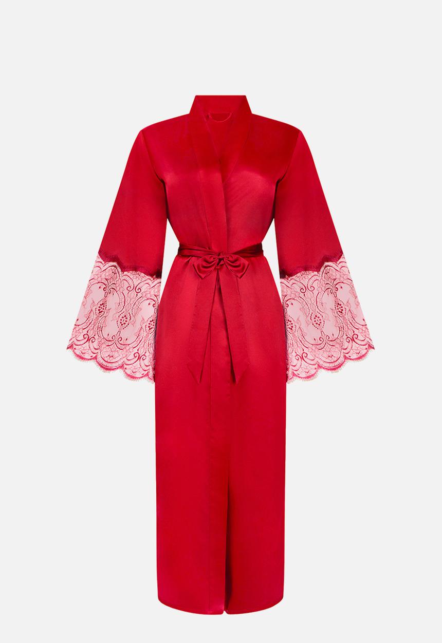 Hunkemoller - Kimono long satin lace - chilli pepper