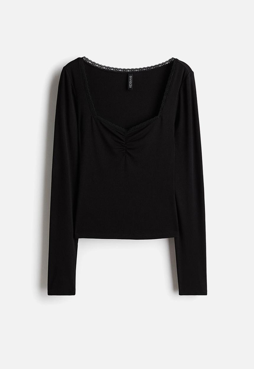 H&M - Lace-trimmed ribbed top - black