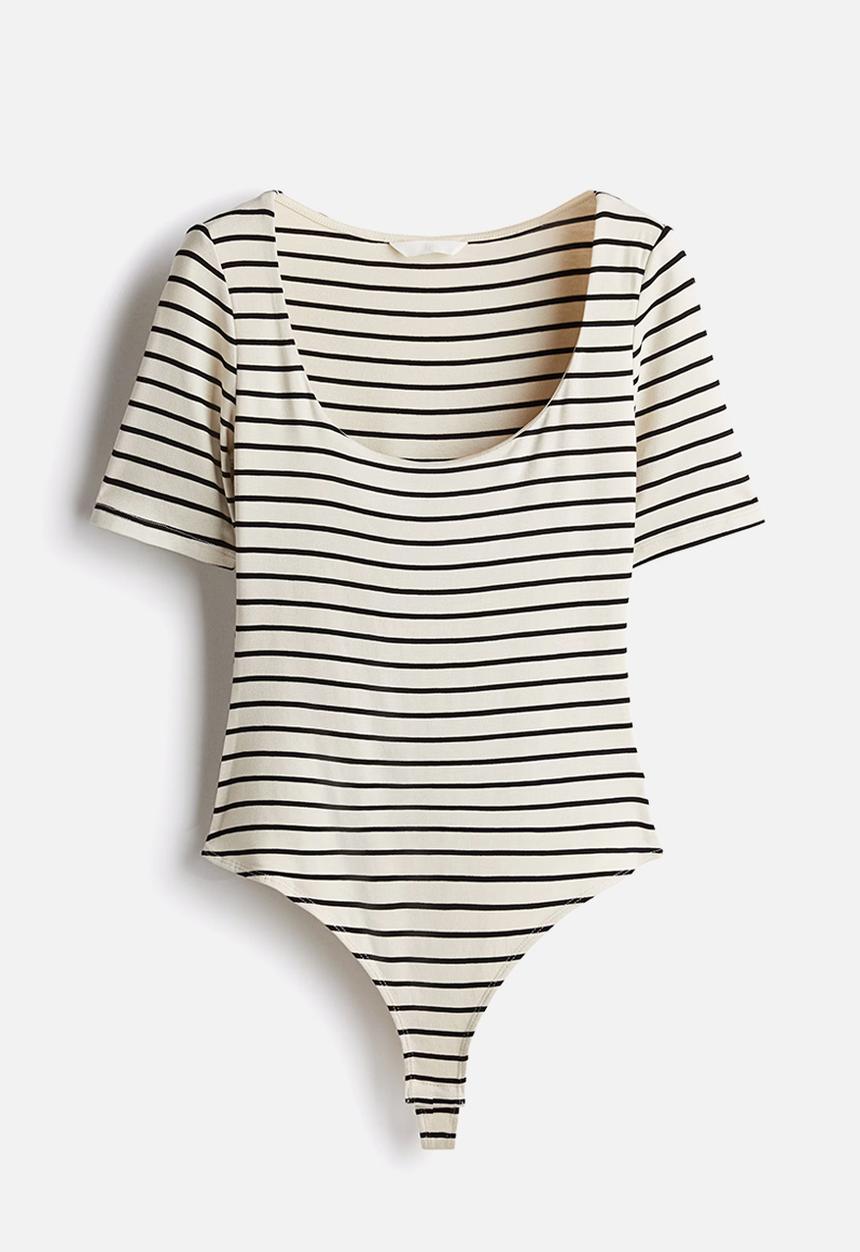 H&M - Square-neck thong body - cream & black striped