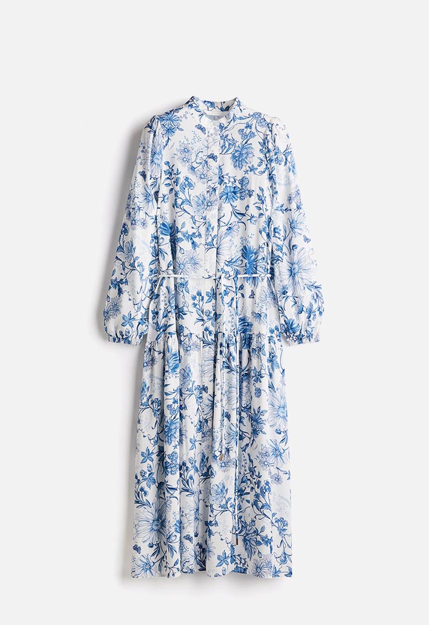 H&M - Long puff-sleeved dress - white & blue floral 