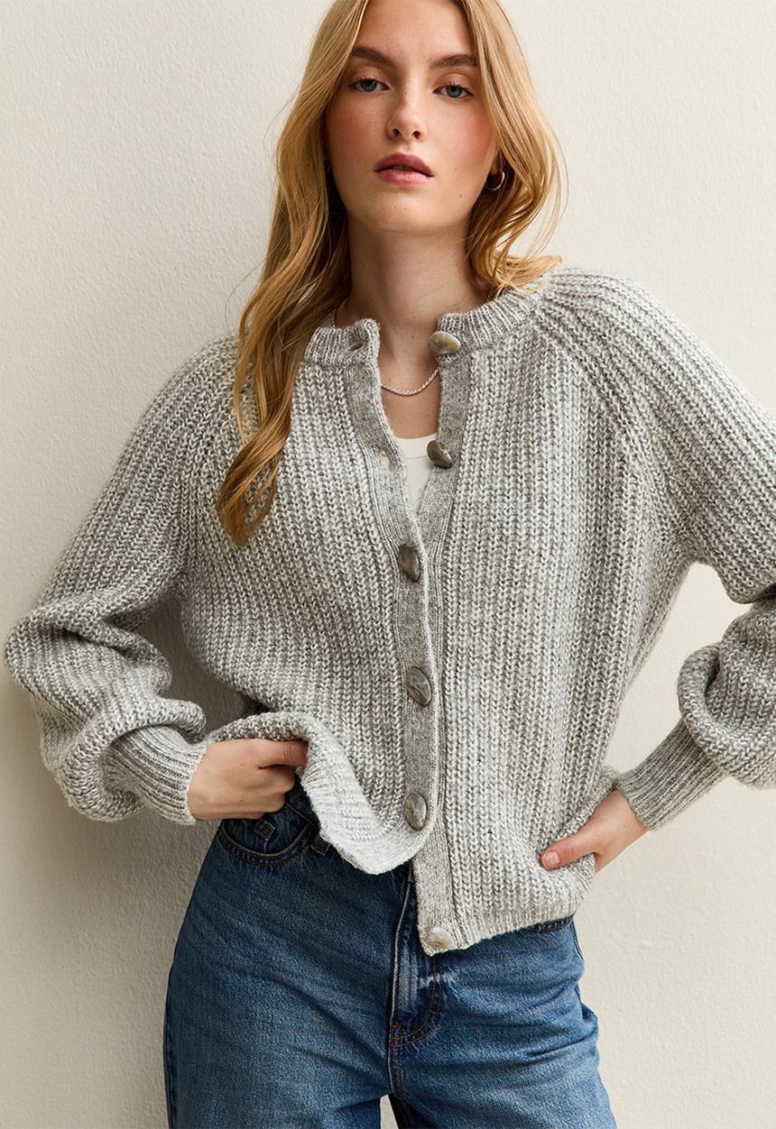 New Look - Ribbed Knit Raglan Sleeve Cardigan - mid grey