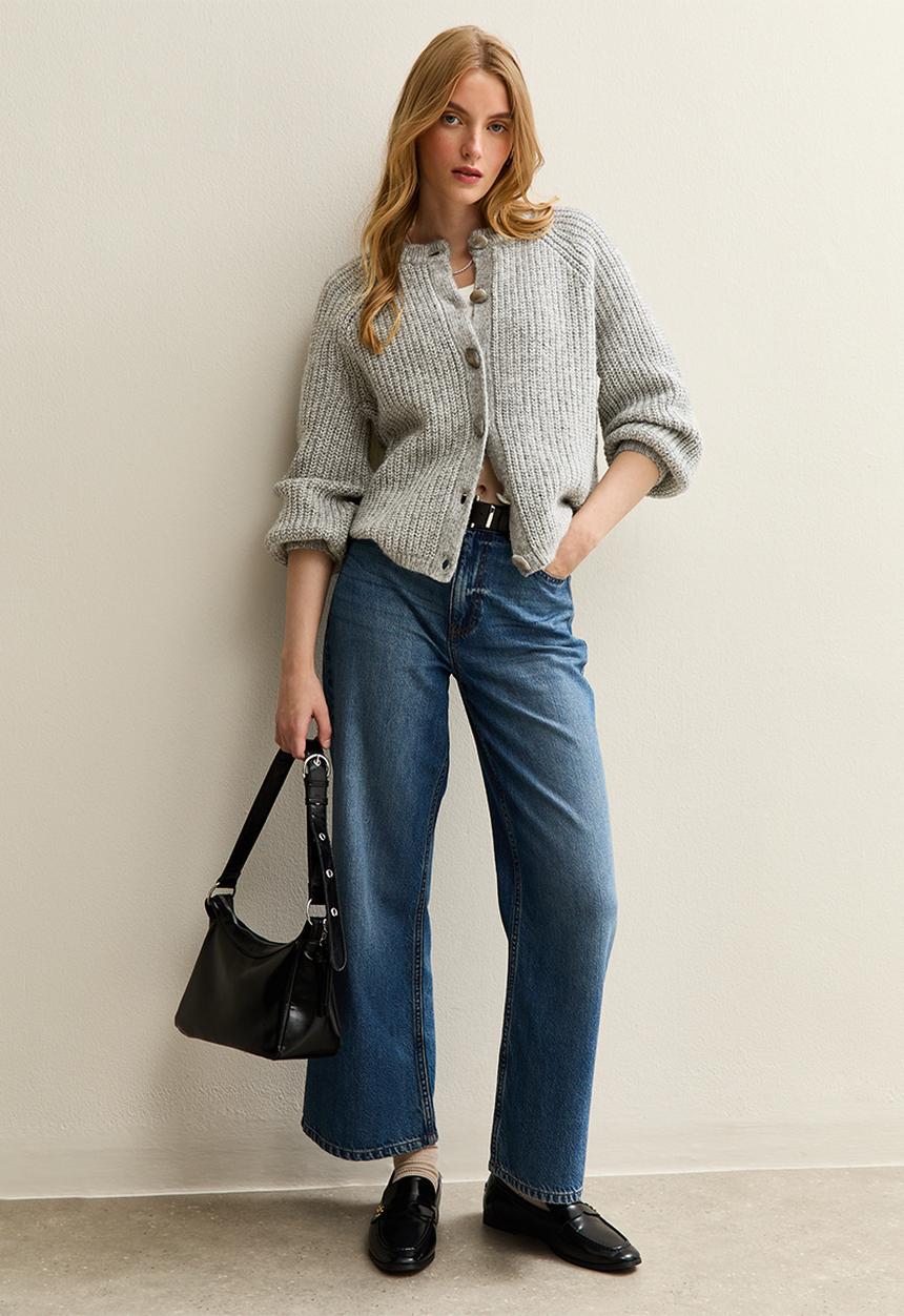 New Look - Ribbed Knit Raglan Sleeve Cardigan - mid grey