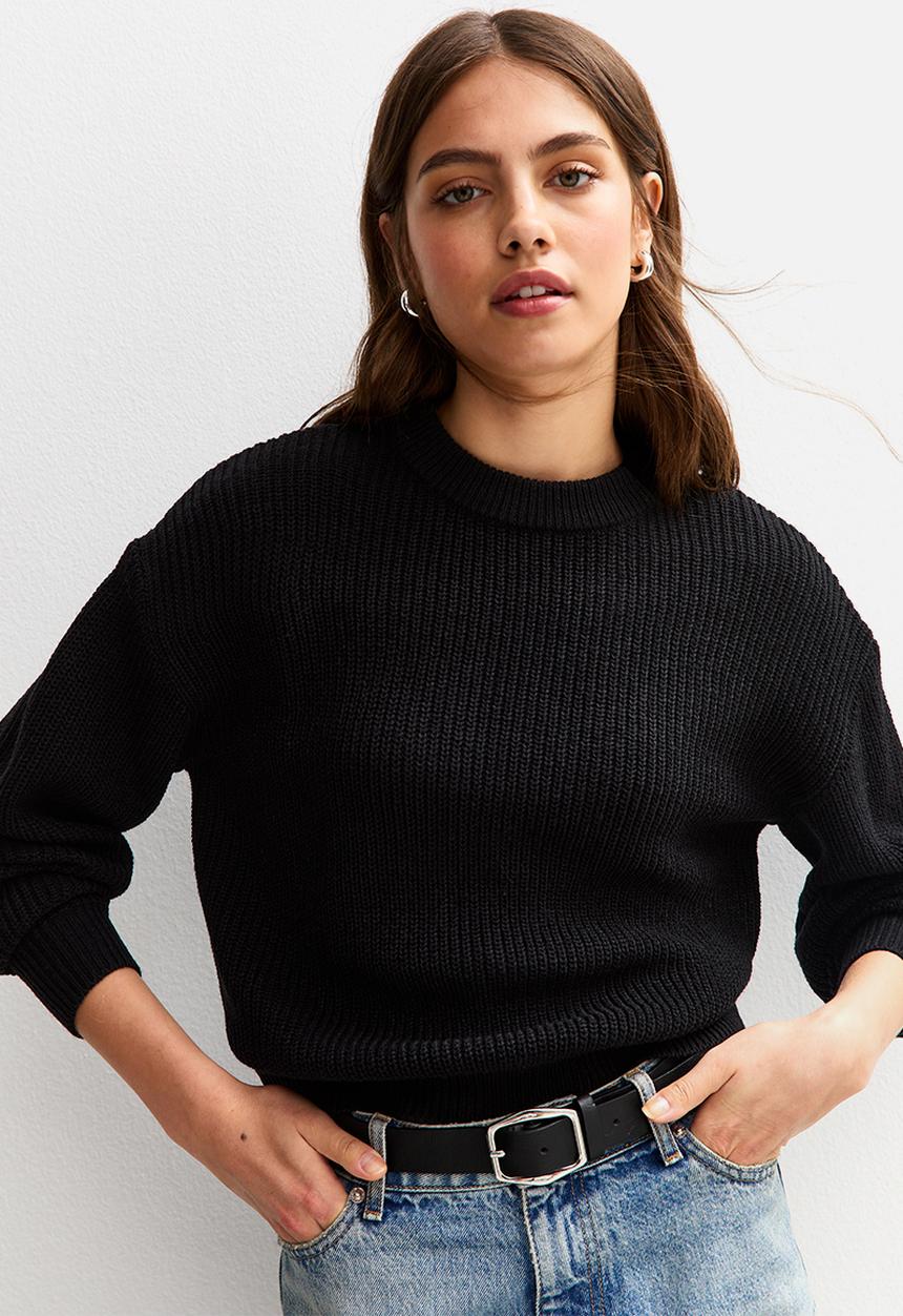 Ribbed Crew Neck Knit Jumper - black