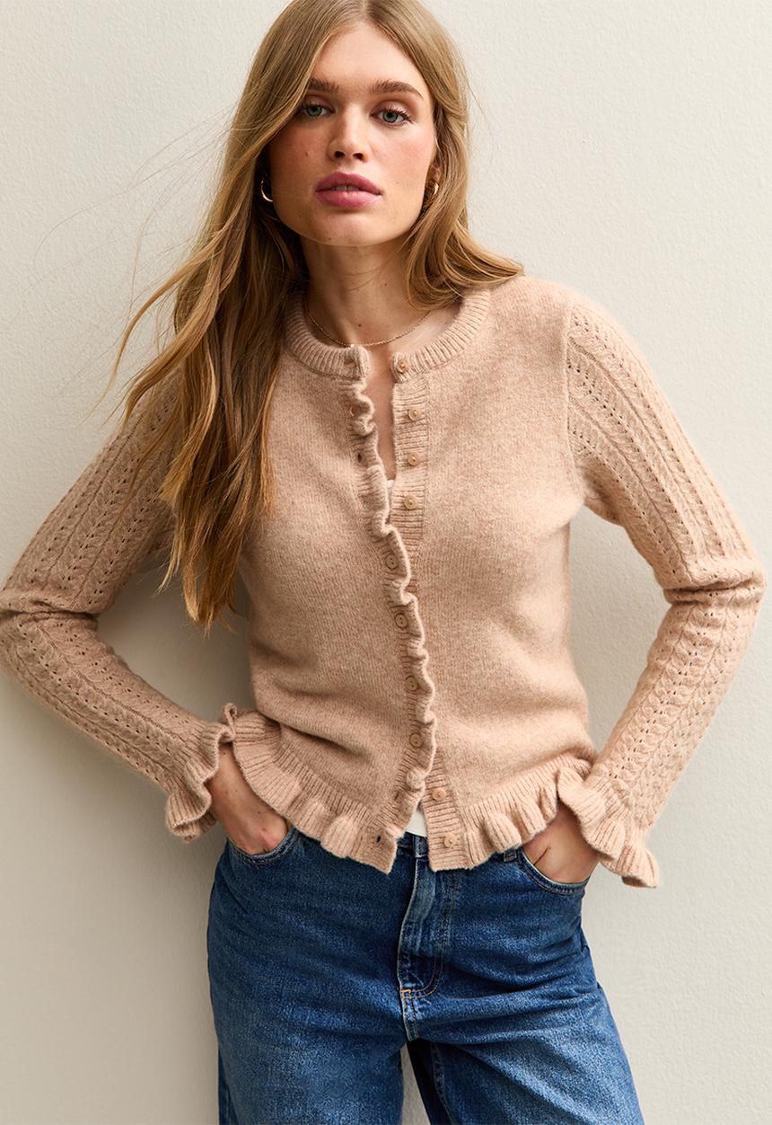 Ruffle cable knit cardigan - camel