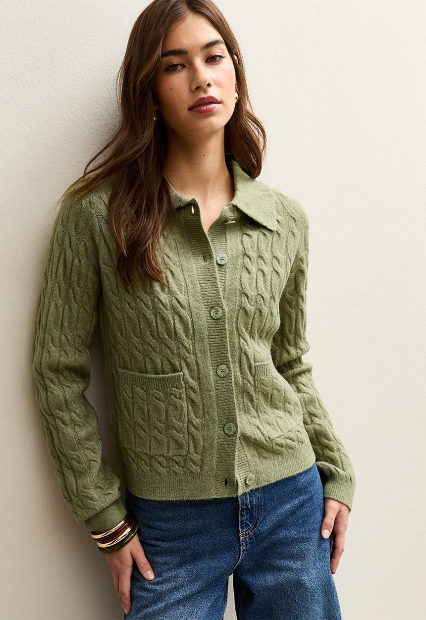 New Look - Cable Knit Collared Cardigan - green